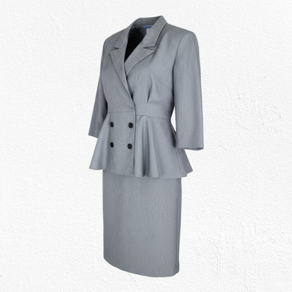 Vintage 80s Gray Peplum Pencil Dress Size 14P Career Power Secretary Chic Dress